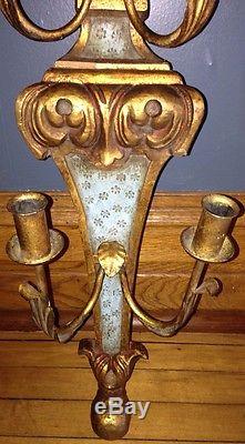 PAIR Antique 40 French Regency ITALIAN Carved Gold Gilt Wood Tole Wall Sconces