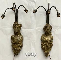 PAIR Antique Bronze Figural Wall Sconces Head Bust Lily Sconce