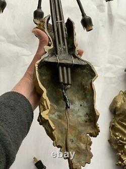 PAIR Antique Bronze Figural Wall Sconces Head Bust Lily Sconce