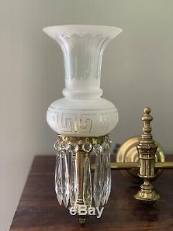 PAIR Antique Colonial 1910 Brass Crystal Wall Sconce Argand Victorian Greek Key