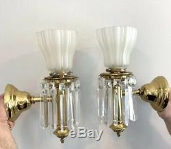PAIR Antique Colonial 1910 Brass Crystal Wall Sconce Lustre Victorian Lamp