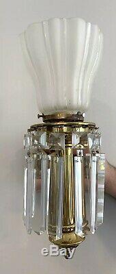 PAIR Antique Colonial 1910 Brass Crystal Wall Sconce Lustre Victorian Lamp