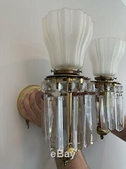PAIR Antique Colonial 1910 Brass Crystal Wall Sconce Vintage Lighting Lustre
