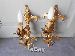 PAIR Antique FRENCH gilded Tole Wall LIGHT SCONCES Fixtures