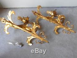 PAIR Antique FRENCH gilded Tole Wall LIGHT SCONCES Fixtures
