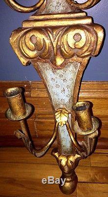 PAIR Antique Ornate 40 ITALIAN Carved Gold Gilt Wood Tole Wall Sconces