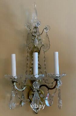 PAIR Antique Sterling Bronze New York Crystal 3 Arm French Wall Sconces 22