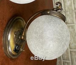 PAIR Antique VIntage Bath Room Wall Lamps Lights Sconces Crackle Glass Globes