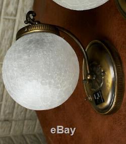 PAIR Antique VIntage Bath Room Wall Lamps Lights Sconces Crackle Glass Globes