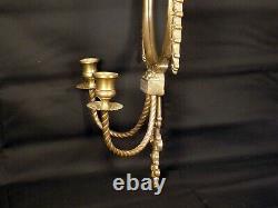 PAIR BIG Vintage Brass Mirrored Double Arm French Louis XVI Candle Wall Sconce A