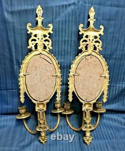 PAIR BIG Vintage Brass Mirrored Double Arm French Louis XVI Candle Wall Sconces