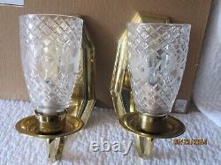 PAIR BRASS & Crystal Sconce Set Wall Mount Electric SCONCE