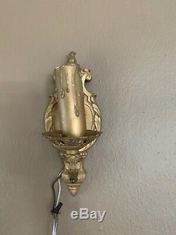 PAIR Beautiful Antique 1940's Vintage Gilt Cast Metal Wall Sconce Light Lamp