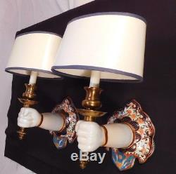 PAIR Human Hand/Arm/Torch Wall Sconces Chinese Porcelain/Brass Vintage Lamps