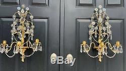 PAIR Italian Brass Crystal French Beaded Chandelier Wall Sconces Candelabras