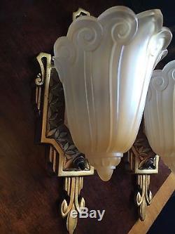 PAIR Lincoln Signed Wall Shell Slip Shade Sconce 1930's Antique Art Deco Era