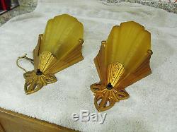 Pair Of Antique 1920 Aluminum Wall Sconce With Glass Slip Slipper Shades