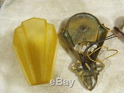 Pair Of Antique 1920 Aluminum Wall Sconce With Glass Slip Slipper Shades