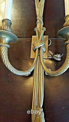 PAIR OF BEAUTIFUL ROPE WithTASSEL DORE BRONZE/BRASS DOUBLE WALL LIGHT SCONCES