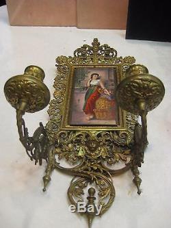 Pair Of Bronze Wall Sconces/candle Holders With Insert Paintings On Porcelain