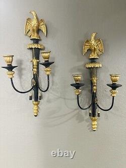PAIR OF EAGLE CARVED REGENCY EMPIRE GILT WOOD TWIN CANDLE WALL SCONCES French