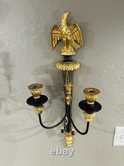 PAIR OF EAGLE CARVED REGENCY EMPIRE GILT WOOD TWIN CANDLE WALL SCONCES French