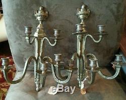 Pair Vintage French Bronze Or Brass With Gold Gild Wall Sconces From France