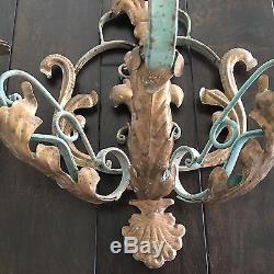 Pair Vintage French Tole Wrought Iron Metal Gilt/teal 3-arm Wall Sconces Huge