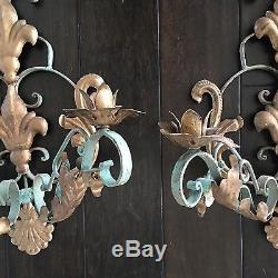 Pair Vintage French Tole Wrought Iron Metal Gilt/teal 3-arm Wall Sconces Huge