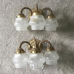 PAIR Vintage Antique Brass Bronze Art Nouveau Three Arm Lamp Wall Sconces