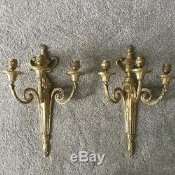 PAIR Vintage Antique Brass Bronze French Empire Regency 3 Arm Lamp Wall Sconces