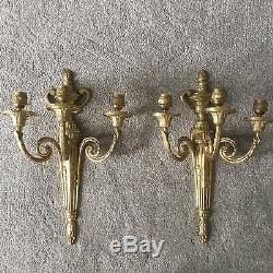 PAIR Vintage Antique Brass Bronze French Empire Three Arm Lamp Wall Sconces