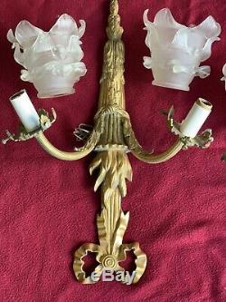 PAIR Vintage Antique Brass Bronze French Two Arm Lamp Wall Sconces With Glass