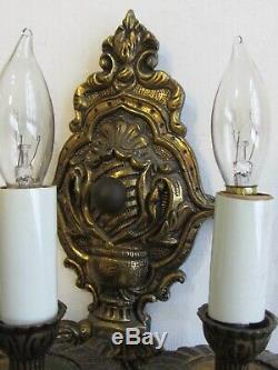 PAIR Vintage Antique Three Arm Brass Lamp Wall Sconces With 3 Crystal Glass