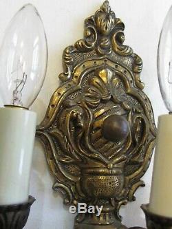 PAIR Vintage Antique Three Arm Brass Lamp Wall Sconces With 3 Crystal Glass