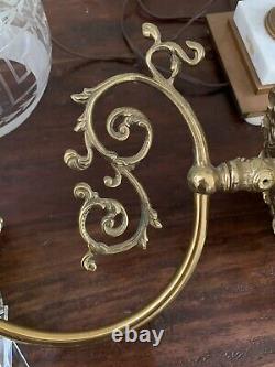 PAIR Vintage Brass Crystal Wall Sconce Victorian Greek Key Shade Gasolier
