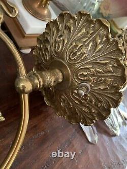 PAIR Vintage Brass Crystal Wall Sconce Victorian Greek Key Shade Gasolier