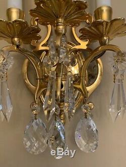 PAIR Vintage French Colonial Crystal Brass 3 Light Wall Sconce Lamp Sconces