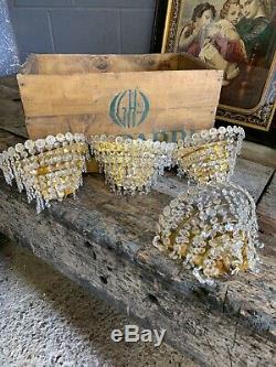 PAIR Vintage Glass Brass Hollywood Regency Tiered Chandelier Wall Sconce Gold