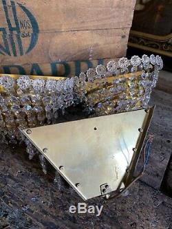 PAIR Vintage Glass Brass Hollywood Regency Tiered Chandelier Wall Sconce Gold