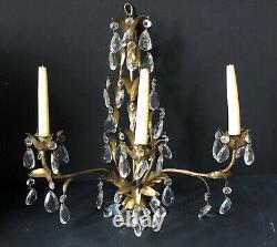 PAIR Vintage Gold Gilt TRIPLE CANDELABRAS Lights Antique WALL Sconces PRISMS