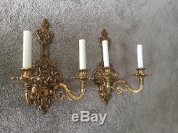 PAIR Vintage Italian Cast Brass Double Lamp Wall Sconce Mod Dept. Italy