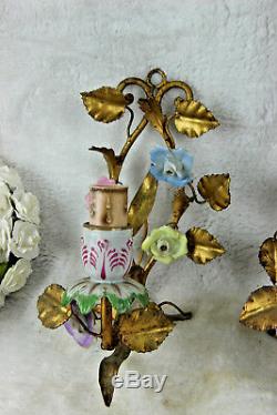 PAIR antique French metal gold gilt porcelain flowers sconces wall lights