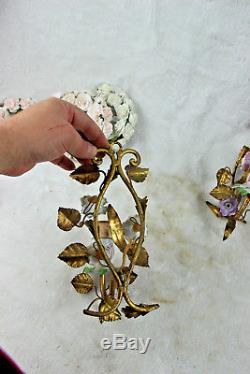 PAIR antique French metal gold gilt porcelain flowers sconces wall lights