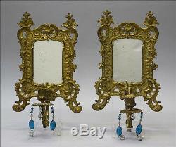 PAIR gorgeous French antique bronze gold gilt putti wall sconces candle mirror