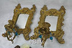 PAIR gorgeous French antique bronze gold gilt putti wall sconces candle mirror