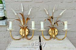 PAIR mid century hollywood regency metal gold gilt wheat sconces wall lights
