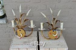 PAIR mid century hollywood regency metal gold gilt wheat sconces wall lights