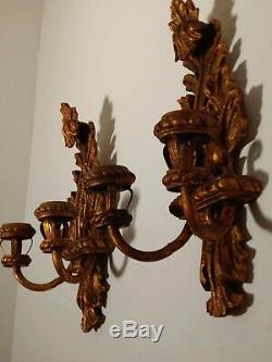 PAIR of Antique Wall Sconce Double Candles Gold Gilt Wood Carved Acanthus Leaf