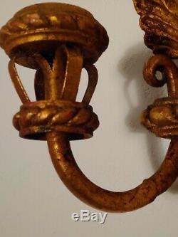 PAIR of Antique Wall Sconce Double Candles Gold Gilt Wood Carved Acanthus Leaf